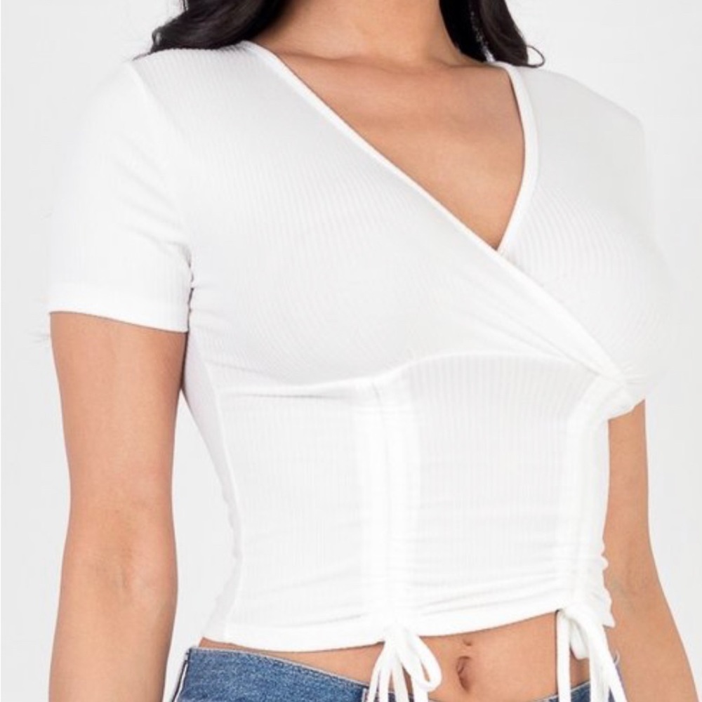 Boutique Ribbed Ruched Drawstring Crop Top Stretch Short Sleeve - Picture 2 of 5